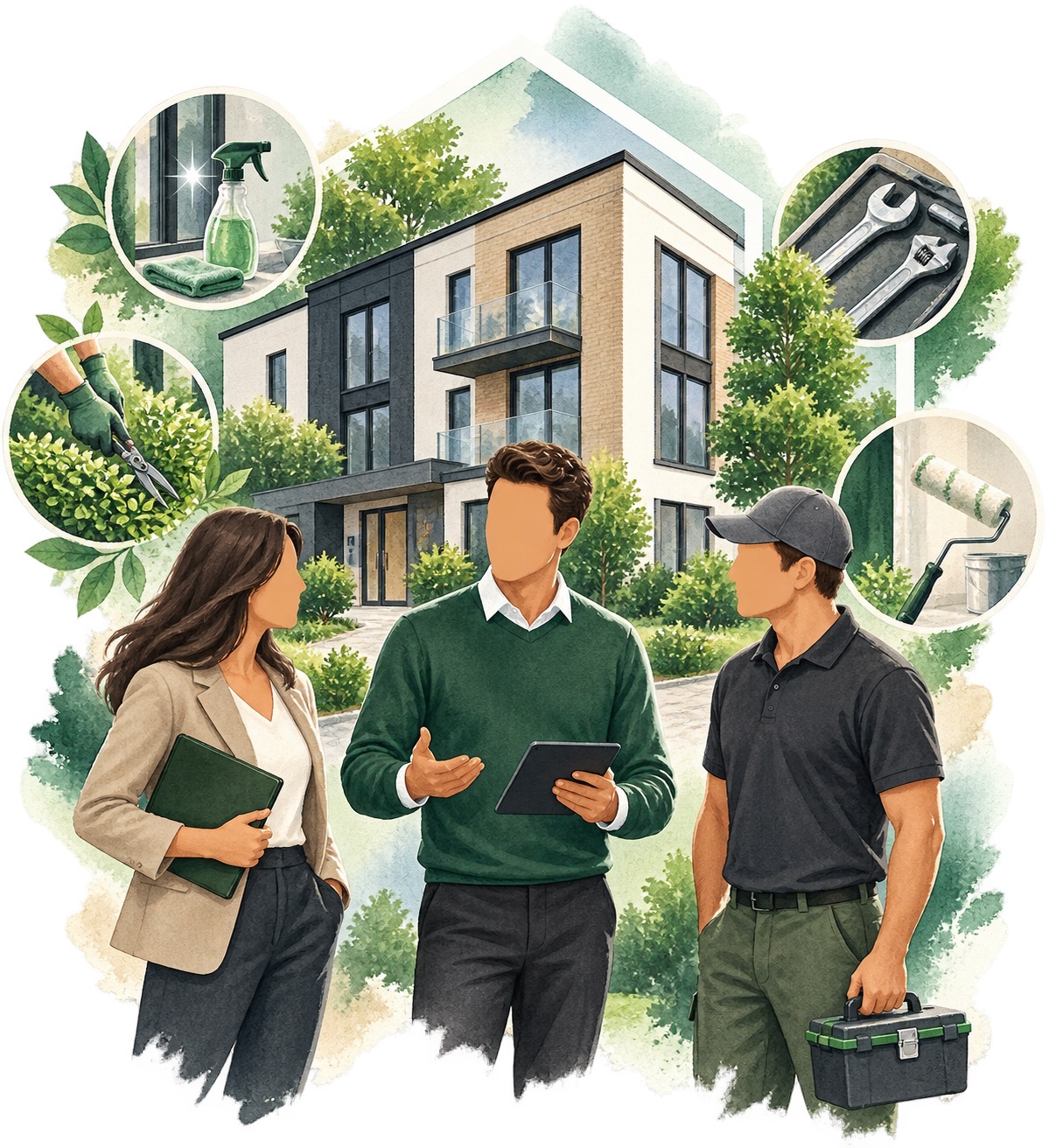 Illustration representing coordinated property cleaning services